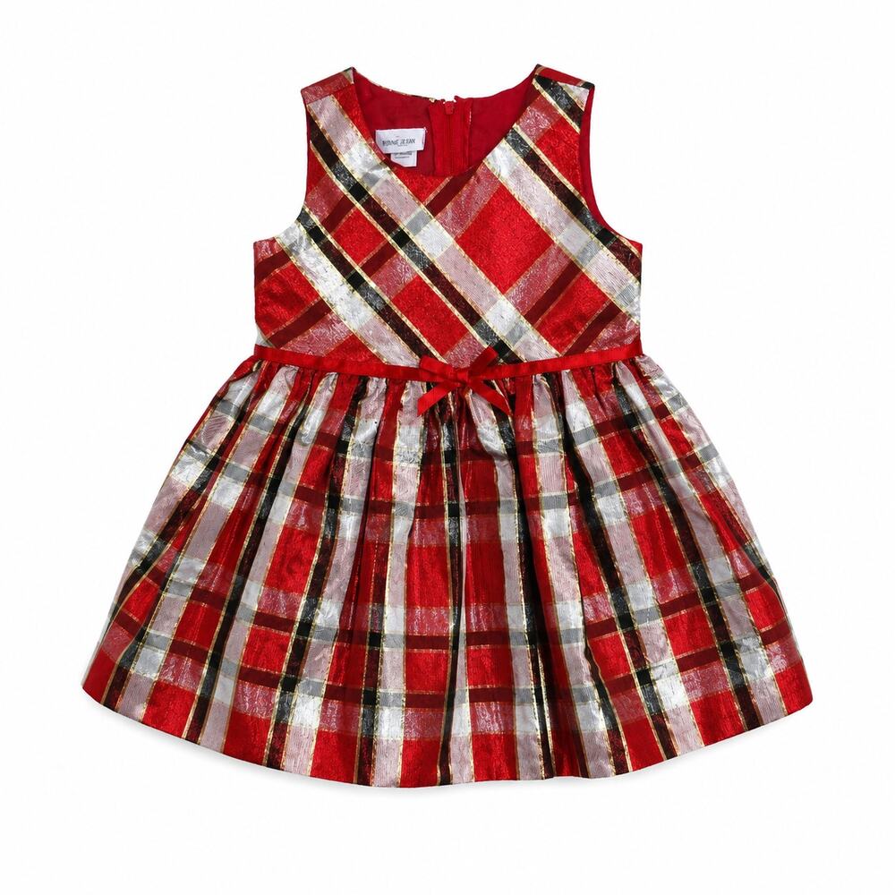 Bonnie Jean Red Plaid Holiday Dress Size 2T Metallic Party Christmas Dress